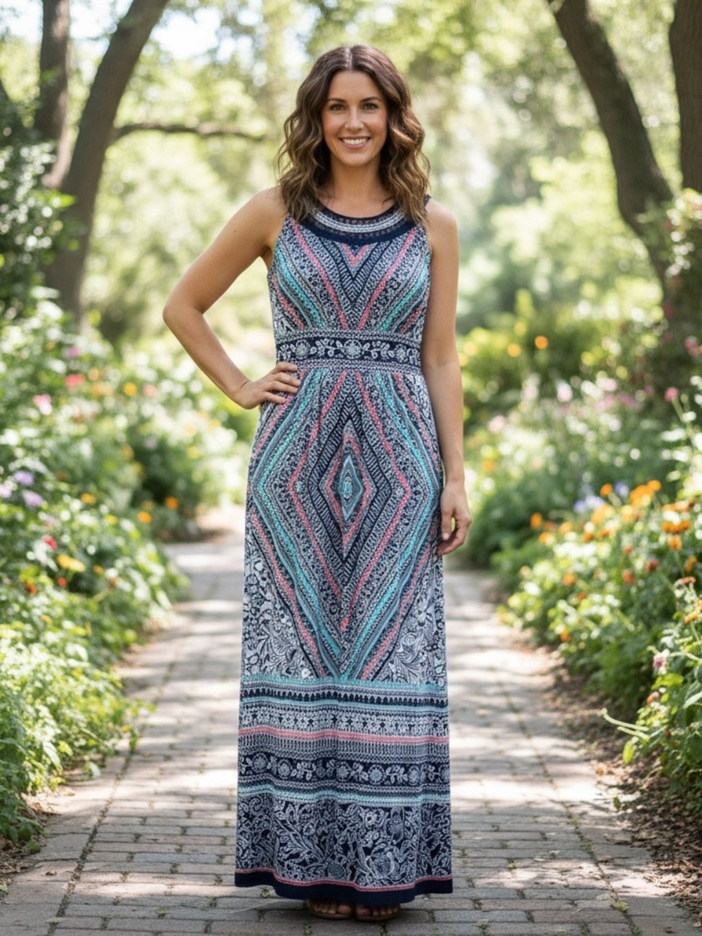 Sleeveless Geometric Maxi Dress in Teal- Orange